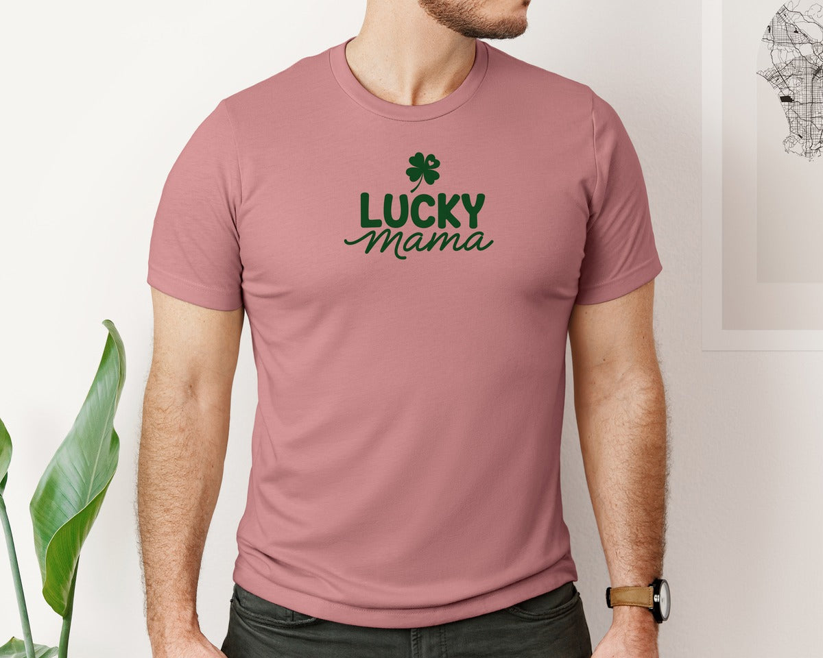brand:Bella Canvas|color:Heather Mauve|Lucky Mama Patricks Day Shamrock Graphic T-Shirt