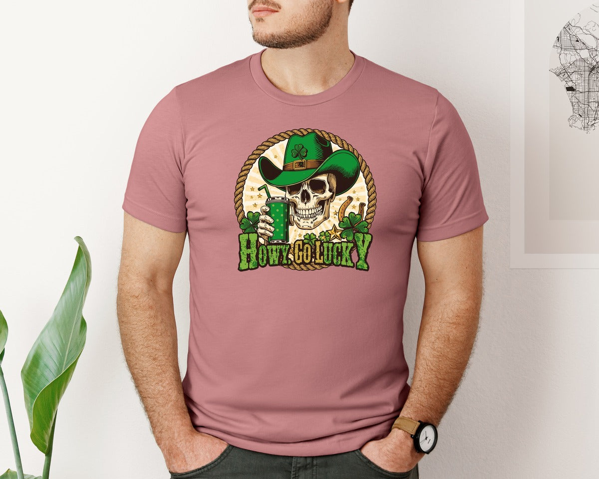 brand:Bella Canvas|color:Heather Mauve|Howdy Go Lucky Western St Patricks Day 4 Graphic T-Shirt