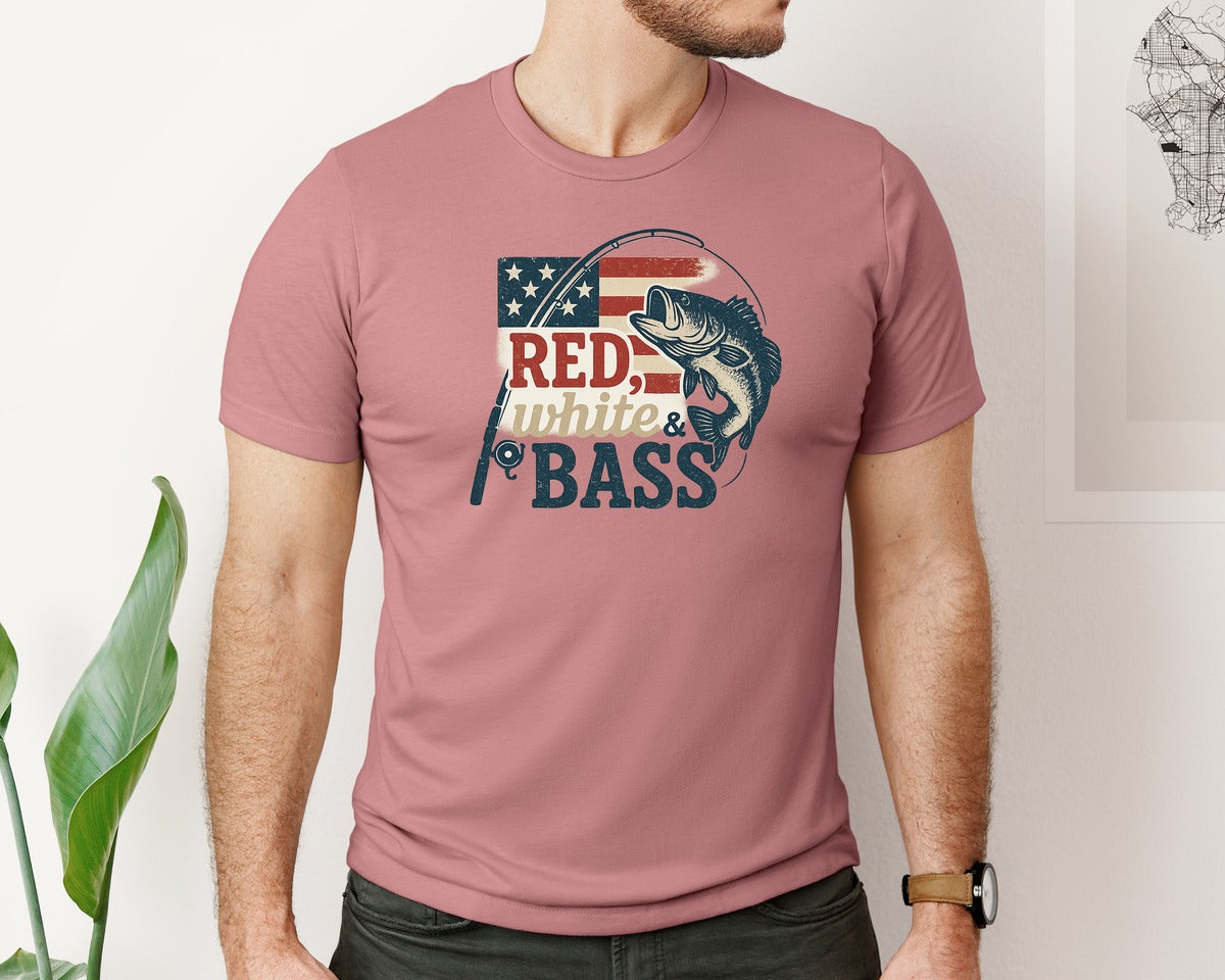 brand:Bella Canvas|color:Heather Mauve|Red White And Bass Fishing 4Th July Graphic T-Shirt