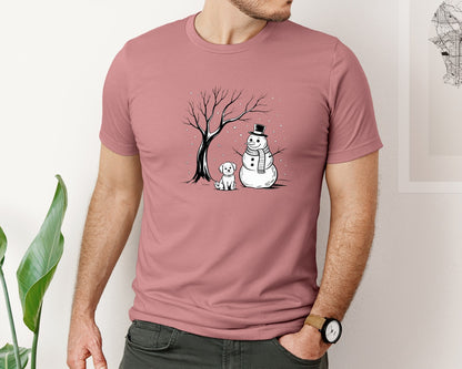 brand:Bella Canvas|color:Heather Mauve|Snowman And Dog Winter Scene Graphic T-Shirt
