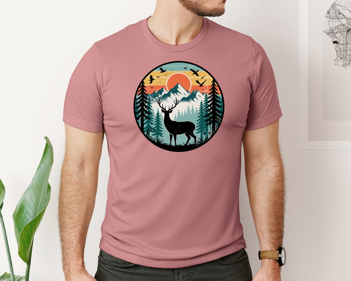 brand:Bella Canvas|color:Heather Mauve|Deer Sunset Vector Graphic T-Shirt