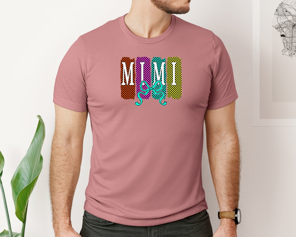 brand:Bella Canvas|color:Heather Mauve|Retro Checkered Mimi Preppy Mom Graphic T-Shirt