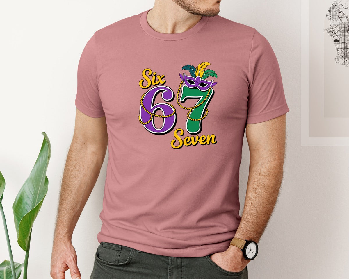 brand:Bella Canvas|color:Heather Mauve|Six Seven Mardi Gras Funny 6 7 Graphic T-Shirt
