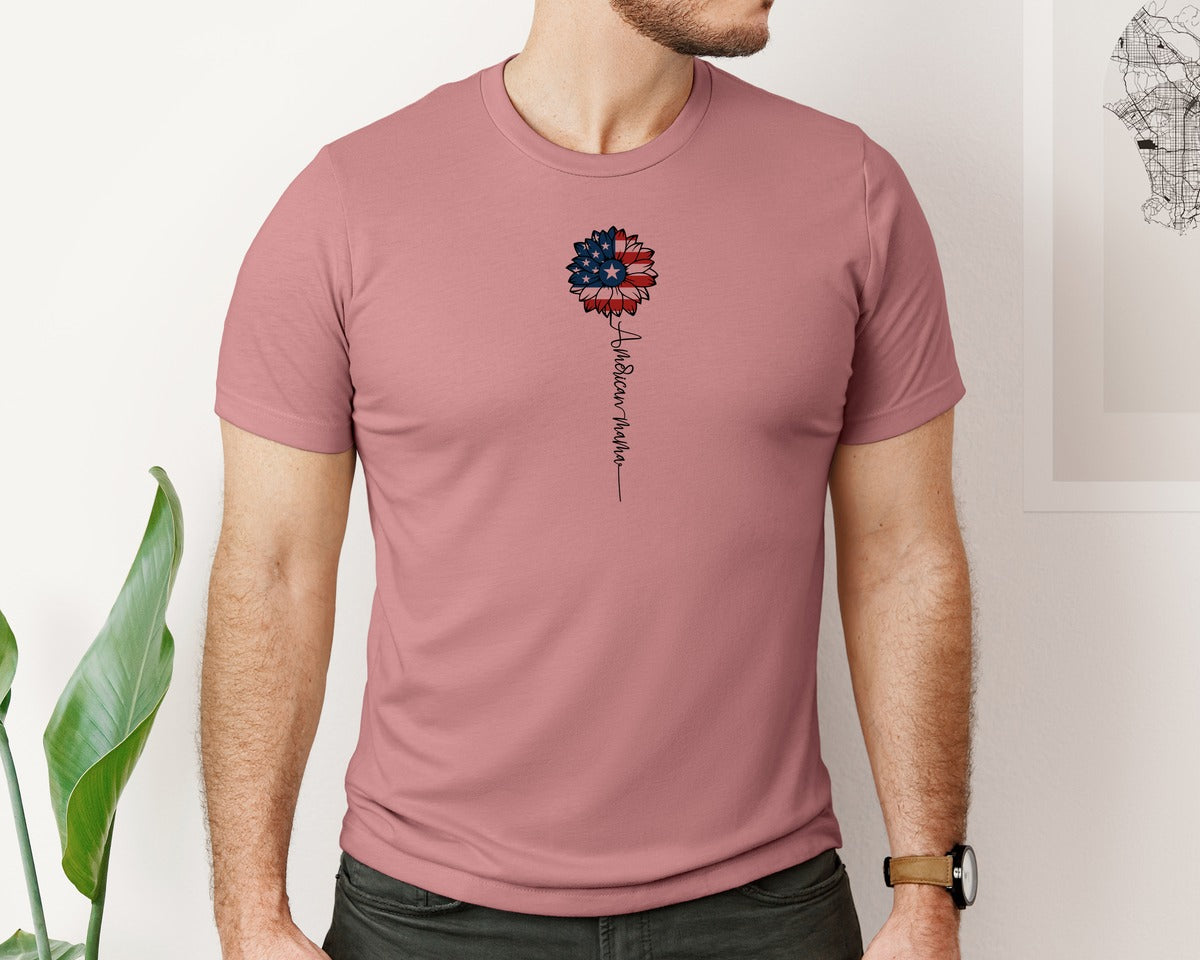 brand:Bella Canvas|color:Heather Mauve|American Mama Sunflower 4Th Of July Graphic T-Shirt