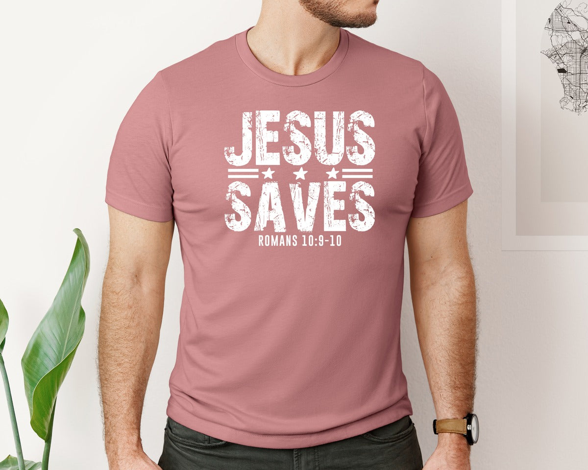 brand:Bella Canvas|color:Heather Mauve|Jesus Saves Amen Romans 3 Graphic T-Shirt