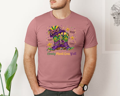 brand:Bella Canvas|color:Heather Mauve|Howdy Mardi Gras Yall Cowboy Boots Graphic T-Shirt