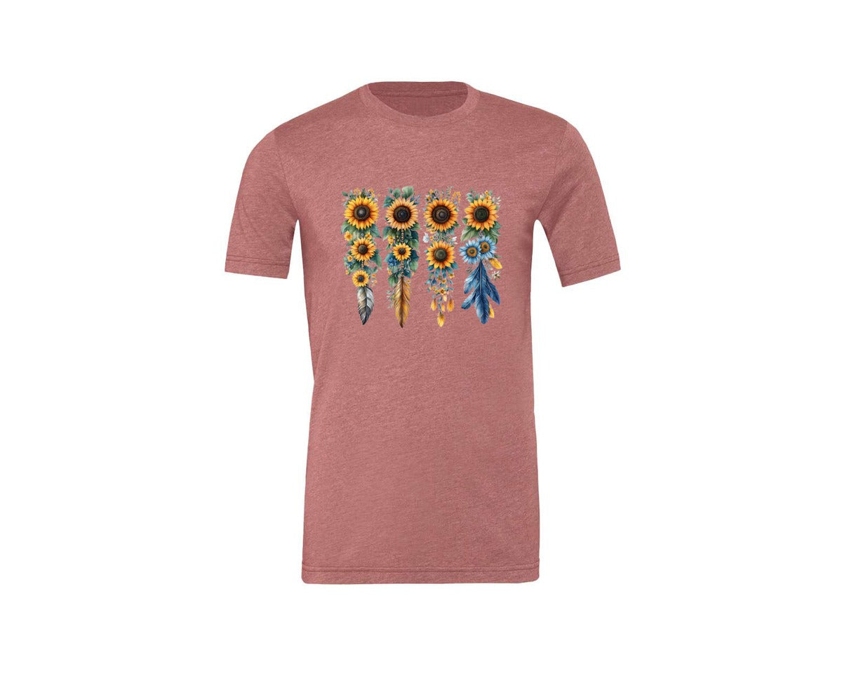 brand:Generic|color:Heather Mauve|Boho Wildflowers Feathers Flowers Graphic T-Shirt