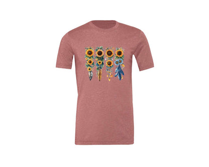 brand:Generic|color:Heather Mauve|Boho Wildflowers Feathers Flowers Graphic T-Shirt