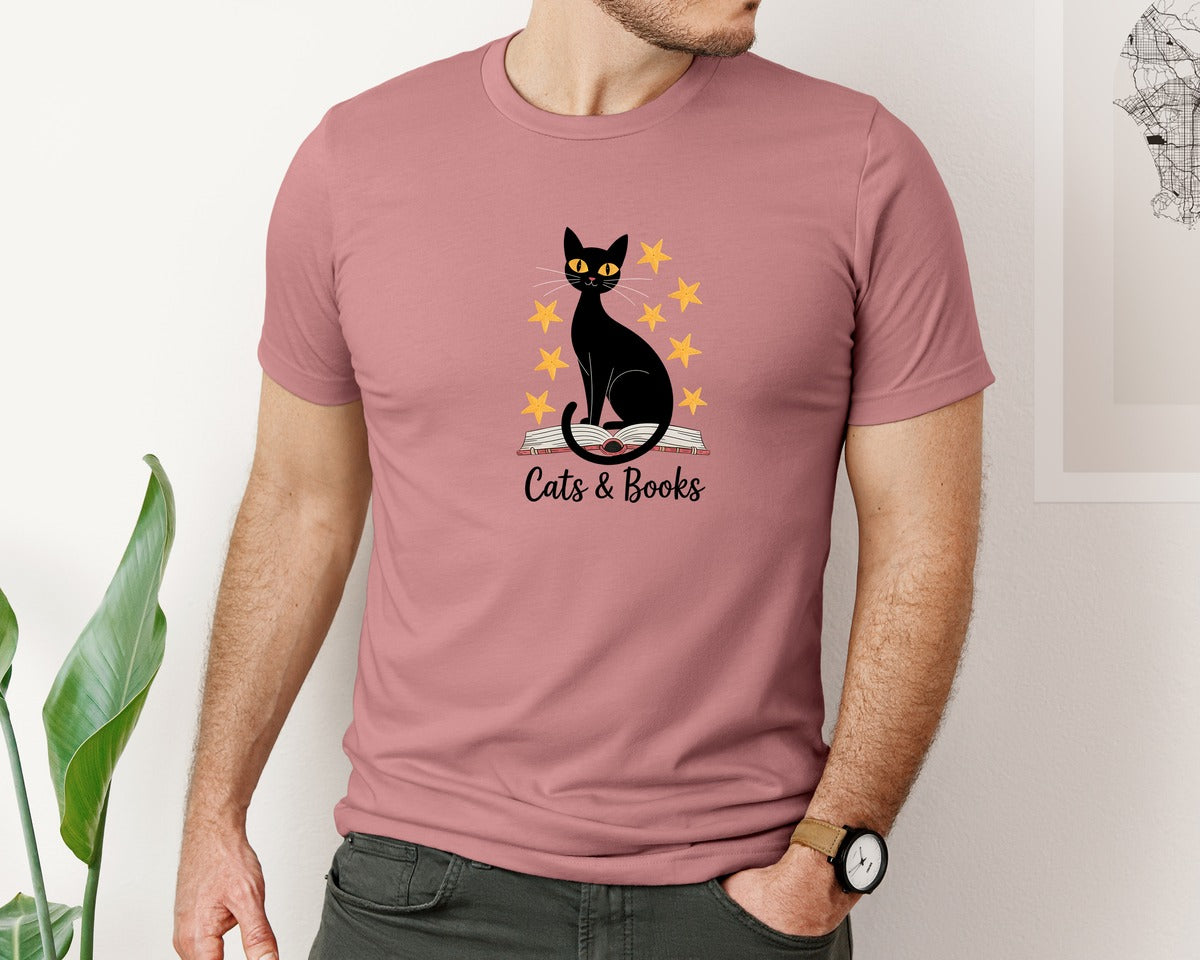 brand:Bella Canvas|color:Heather Mauve|Cats And Books Book Lover T Shirt Graphic T-Shirt