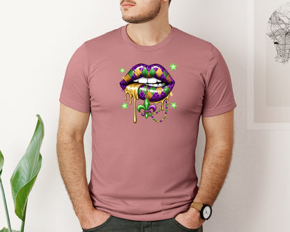 brand:Bella Canvas|color:Heather Mauve|Mardi Gras Dripping Lips Graphic T-Shirt