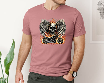 brand:Bella Canvas|color:Heather Mauve|Flaming Skull Motorcycle Fire Wings Graphic T-Shirt
