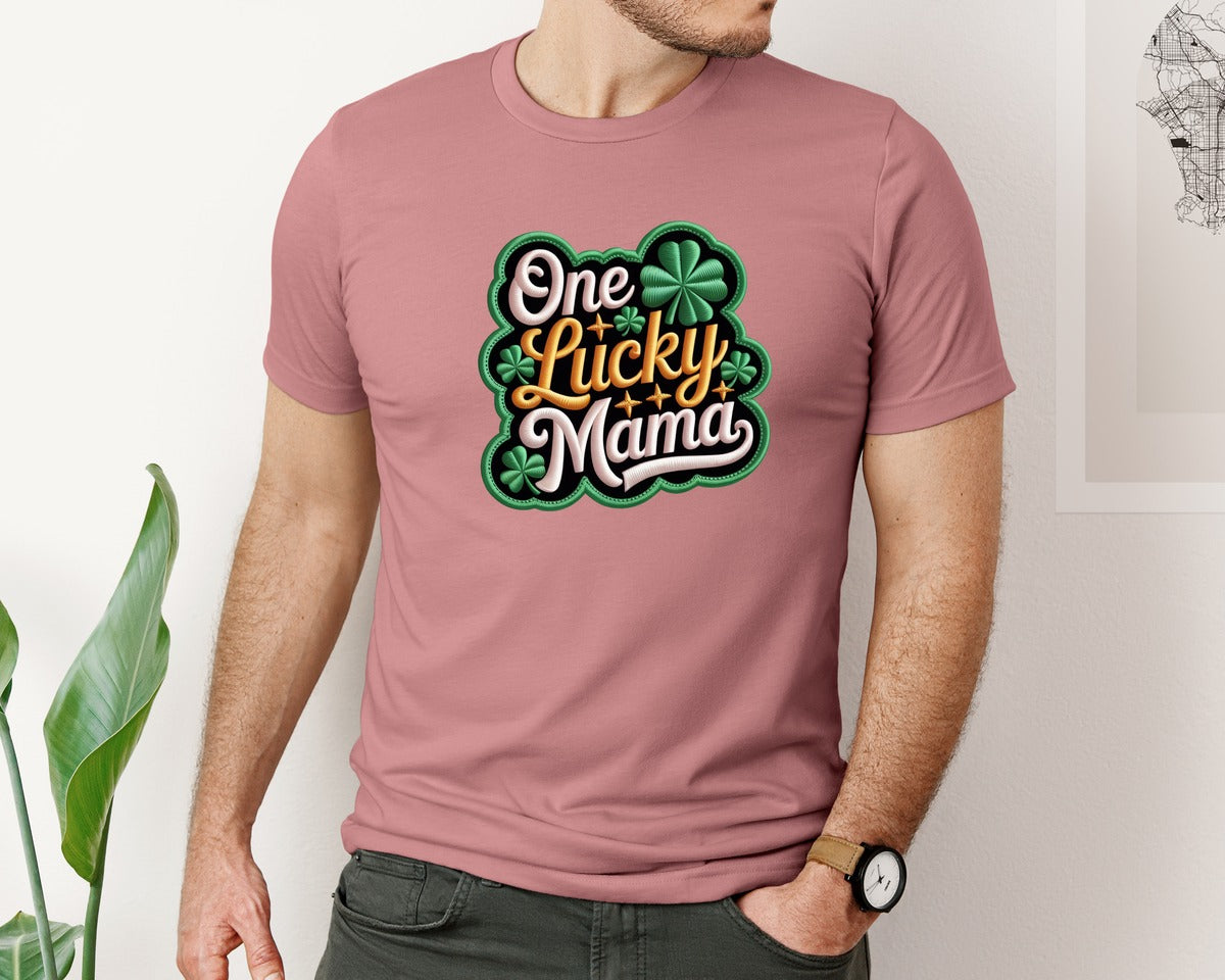 brand:Bella Canvas|color:Heather Mauve|Crochet One Lucky Mama St Patricks Day Graphic T-Shirt