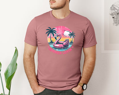 brand:Bella Canvas|color:Heather Mauve|Retro Summer Loving Flamingo Float Graphic T-Shirt