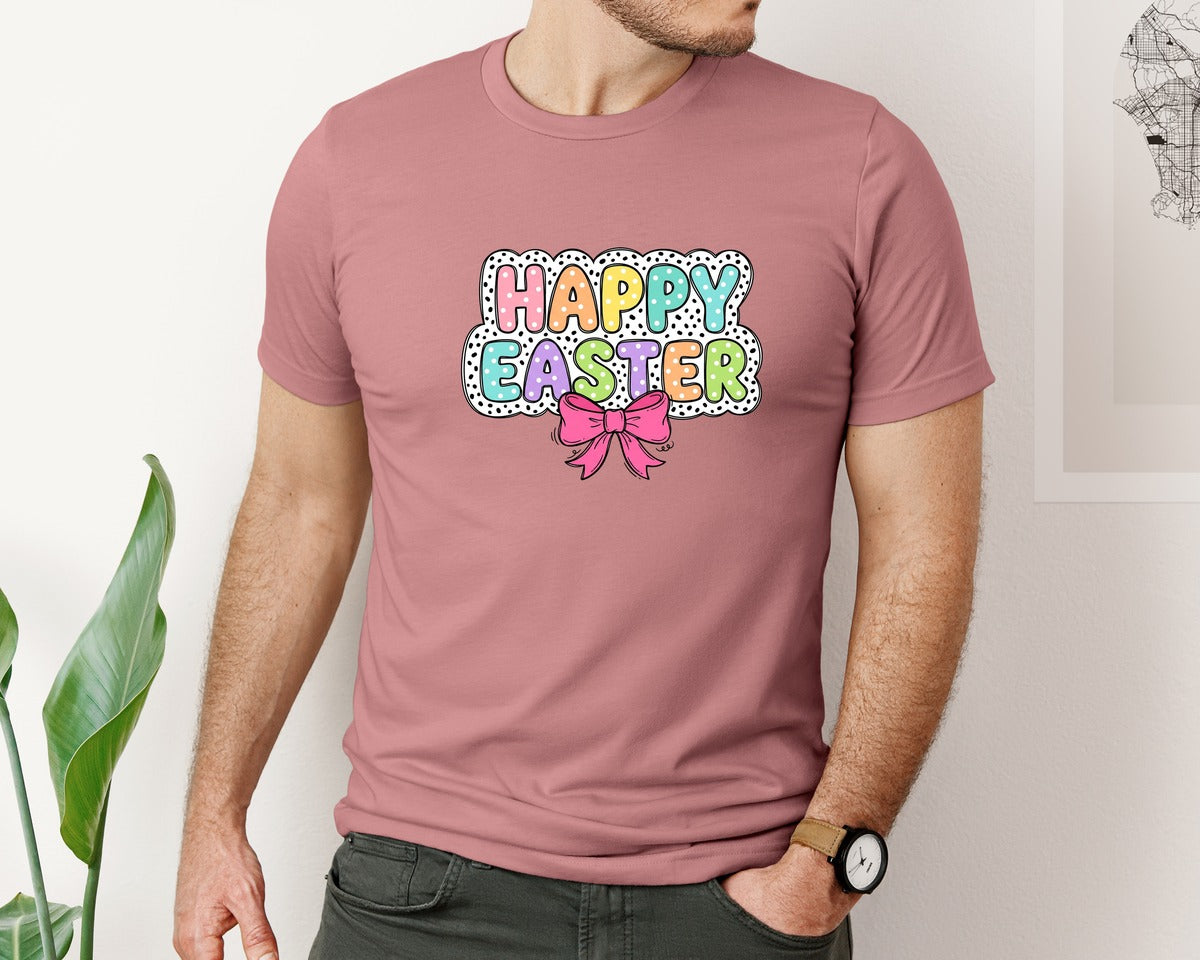 brand:Bella Canvas|color:Heather Mauve|Happy Easter Bow Easter Graphic T-Shirt