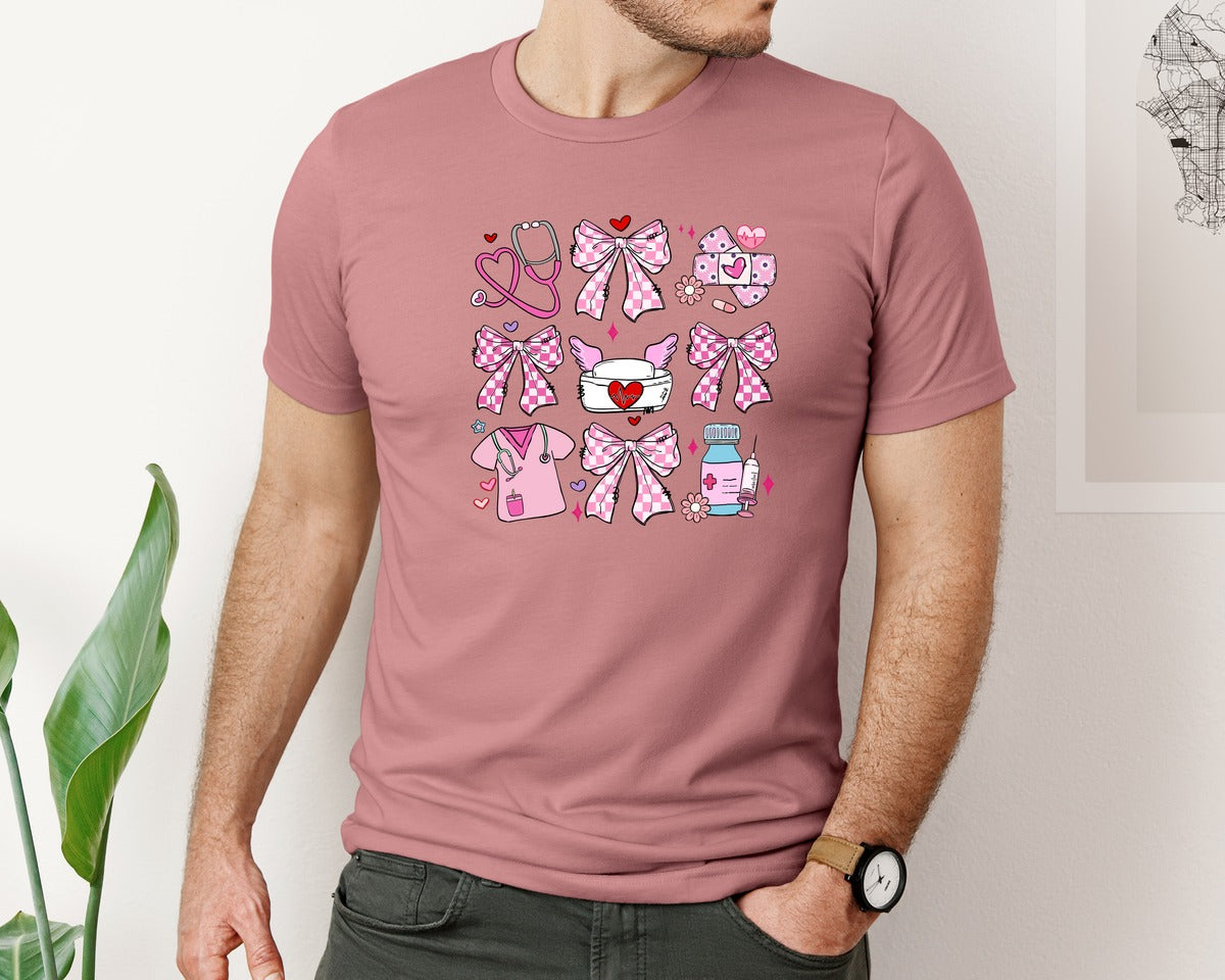 brand:Bella Canvas|color:Heather Mauve|Nurse Valentine Pink Coquette Medical Graphic T-Shirt