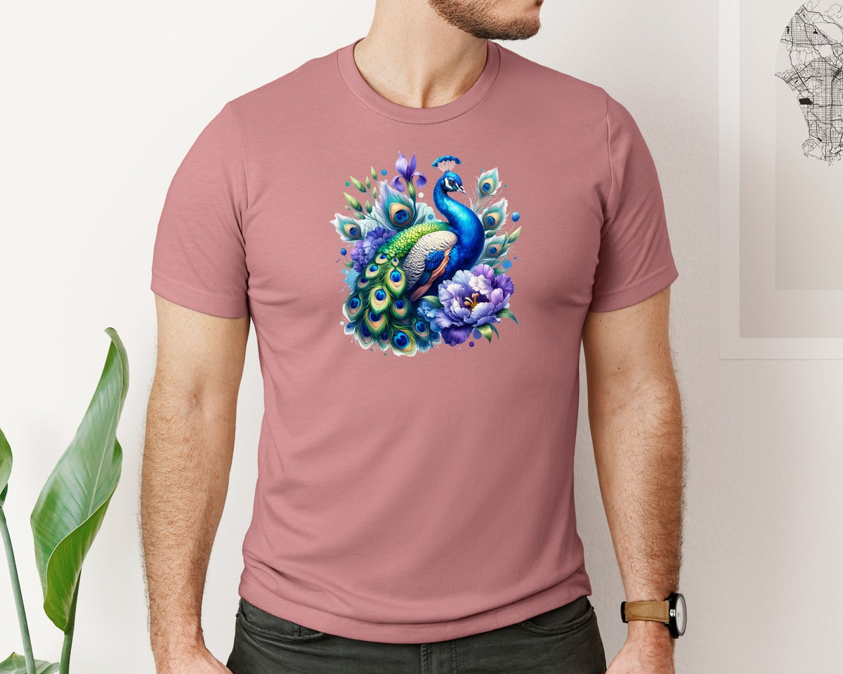 brand:Bella Canvas|color:Heather Mauve|Peacock Bird Purple Flowers Graphic T-Shirt
