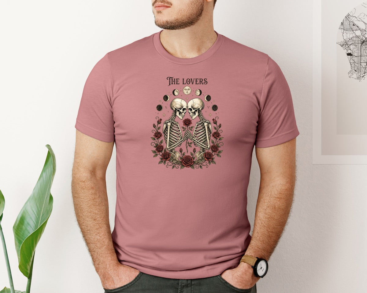 brand:Bella Canvas|color:Heather Mauve|The Lovers Skeleton Tarot Art Graphic T-Shirt