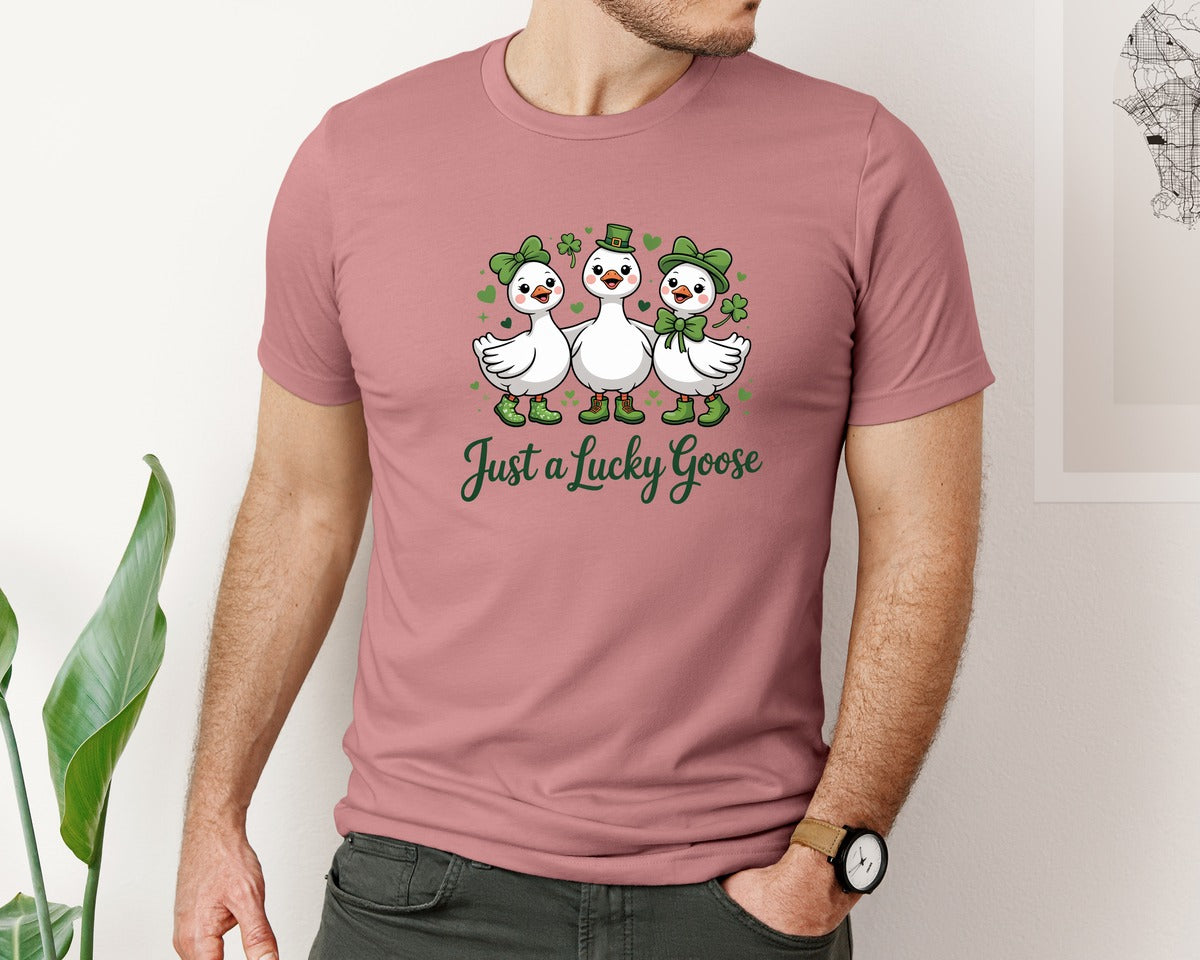 brand:Bella Canvas|color:Heather Mauve|Funny Just A Lucky Goose St Patricks Graphic T-Shirt