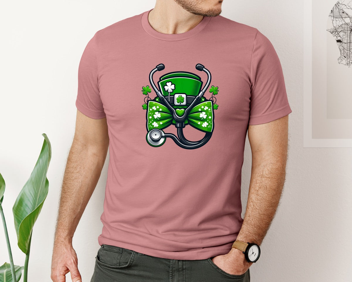 brand:Bella Canvas|color:Heather Mauve|Nurse St Patricks Day Coquette Bow 3 Graphic T-Shirt