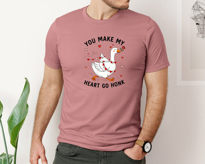 brand:Bella Canvas|color:Heather Mauve|Funny Goose Valentine Heart Go Honk Graphic T-Shirt
