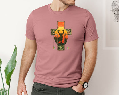 brand:Bella Canvas|color:Heather Mauve|Deer Cross Rustic Hunting Cross Sub Graphic T-Shirt