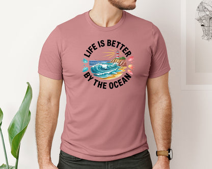 brand:Bella Canvas|color:Heather Mauve|Life Is Better By The Ocean Graphic T-Shirt