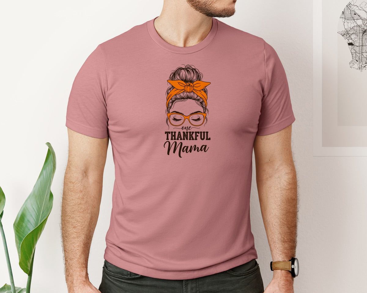 brand:Bella Canvas|color:Heather Mauve|Thankful Mama Messy Bun Graphic T-Shirt