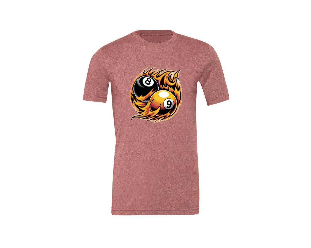 brand:Generic|color:Heather Mauve|Flaming 8 9 Ball Billiards Graphic T-Shirt