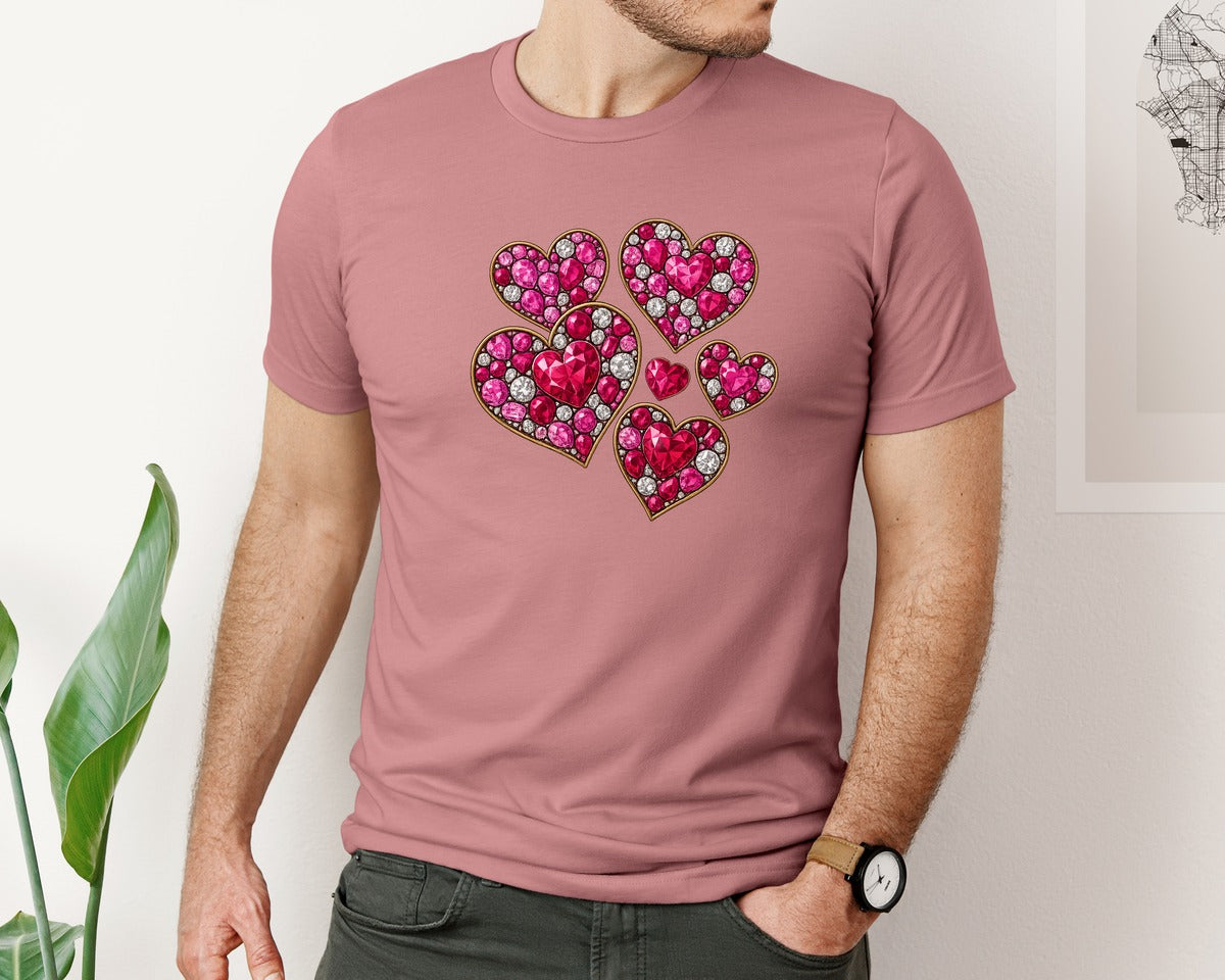 brand:Bella Canvas|color:Heather Mauve|Faux Rhinestone Hearts Graphic T-Shirt