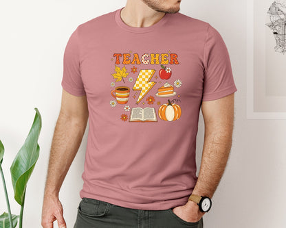 brand:Bella Canvas|color:Heather Mauve|Fall Teacher Retro Fall Graphic T-Shirt