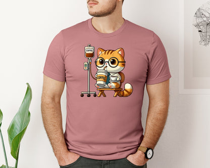 brand:Bella Canvas|color:Heather Mauve|Coffee Cat Working Funny Work Humor Graphic T-Shirt