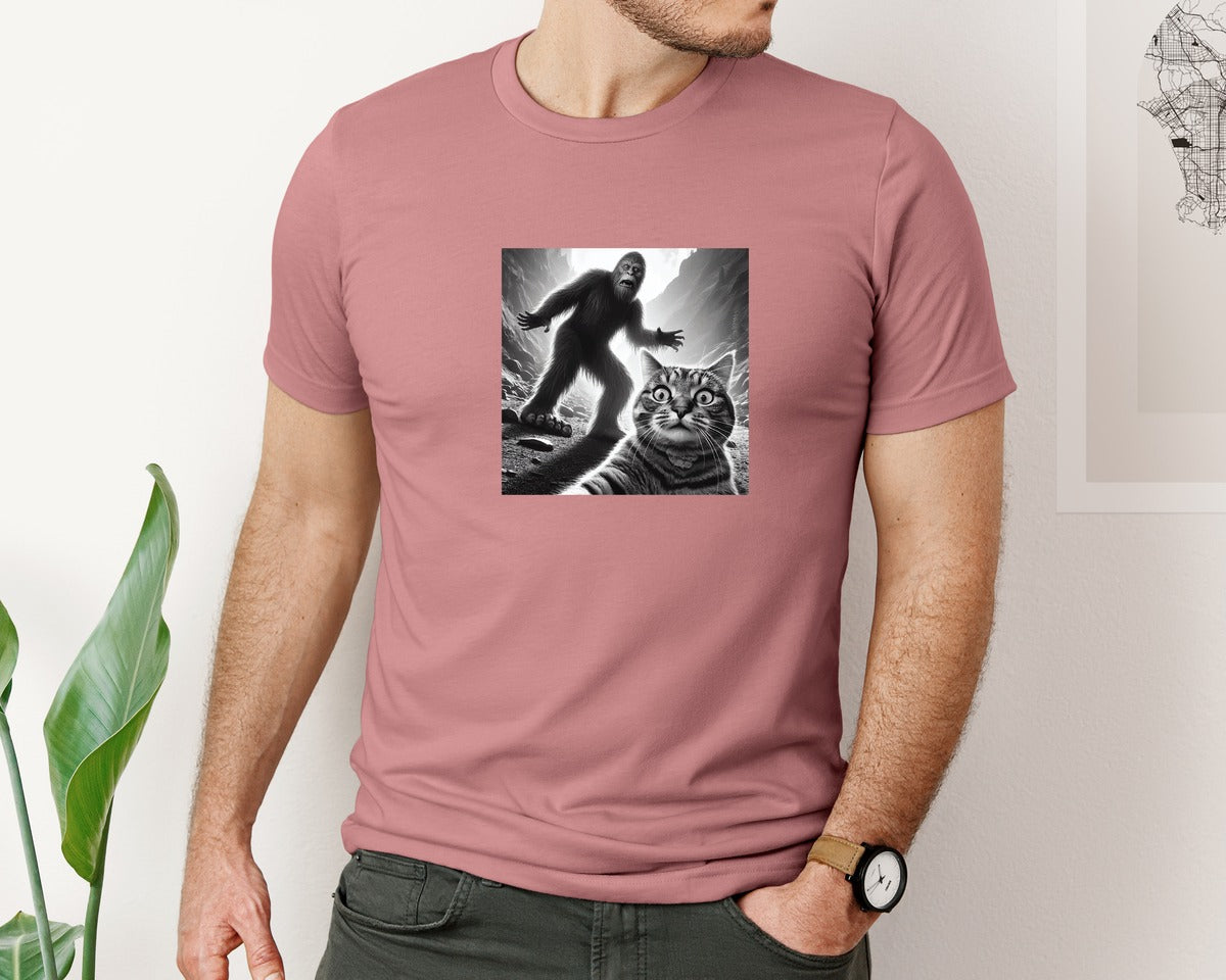 brand:Bella Canvas|color:Heather Mauve|Scared Cat Selfie With Sasquatch Bigfoot Graphic T-Shirt