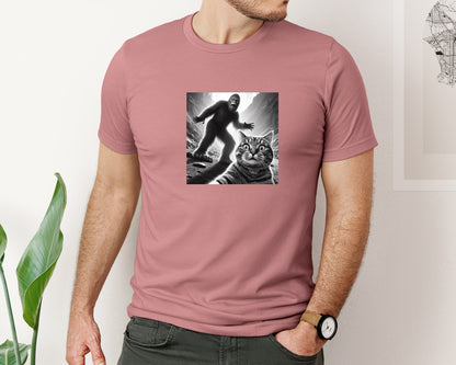 brand:Bella Canvas|color:Heather Mauve|Scared Cat Selfie With Sasquatch Bigfoot Graphic T-Shirt