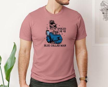 brand:Bella Canvas|color:Heather Mauve|Funny Skeleton Wife Blue Collar Man Graphic T-Shirt