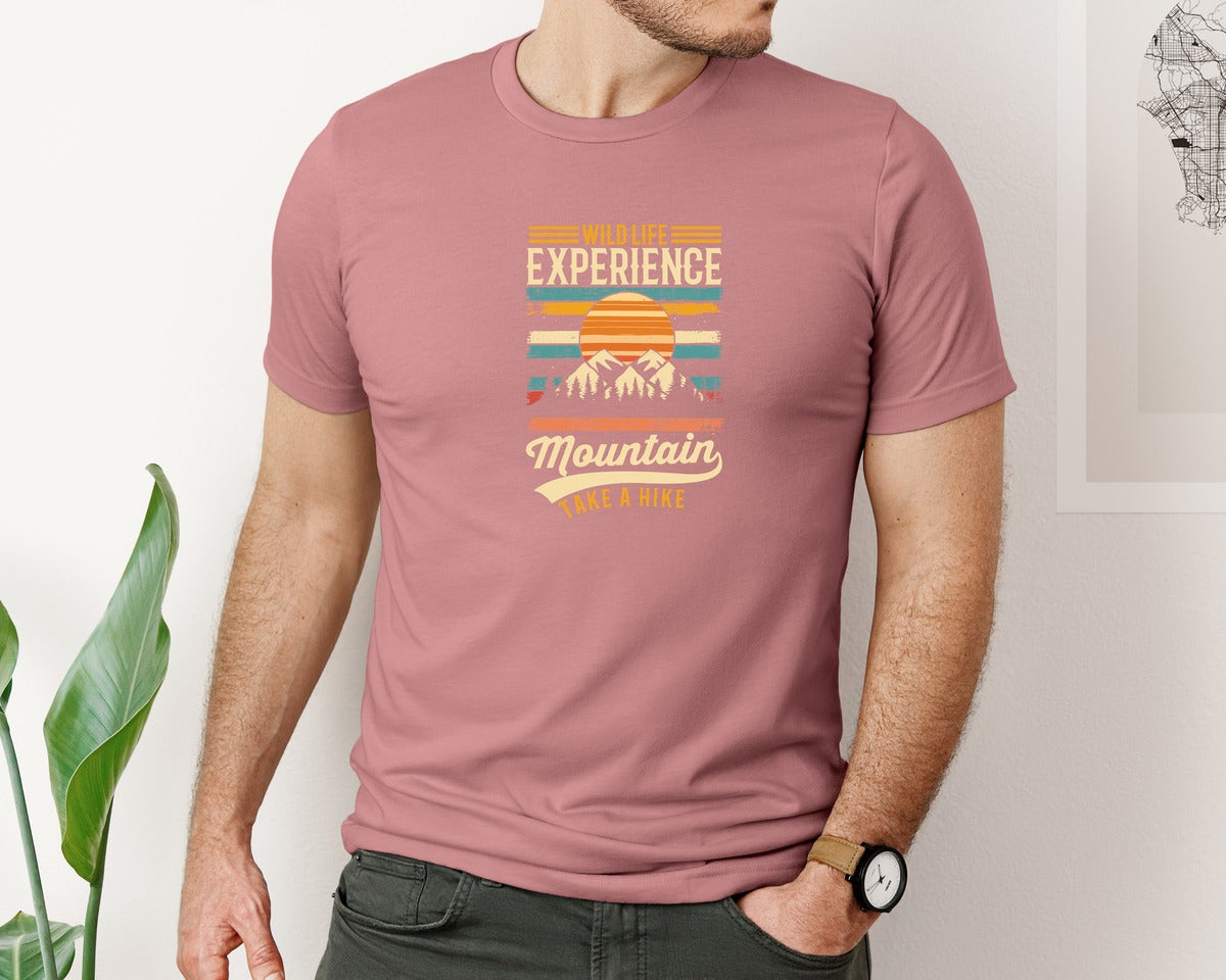 brand:Bella Canvas|color:Heather Mauve|Wild Life Experience Mountain Hiking Tee Graphic T-Shirt