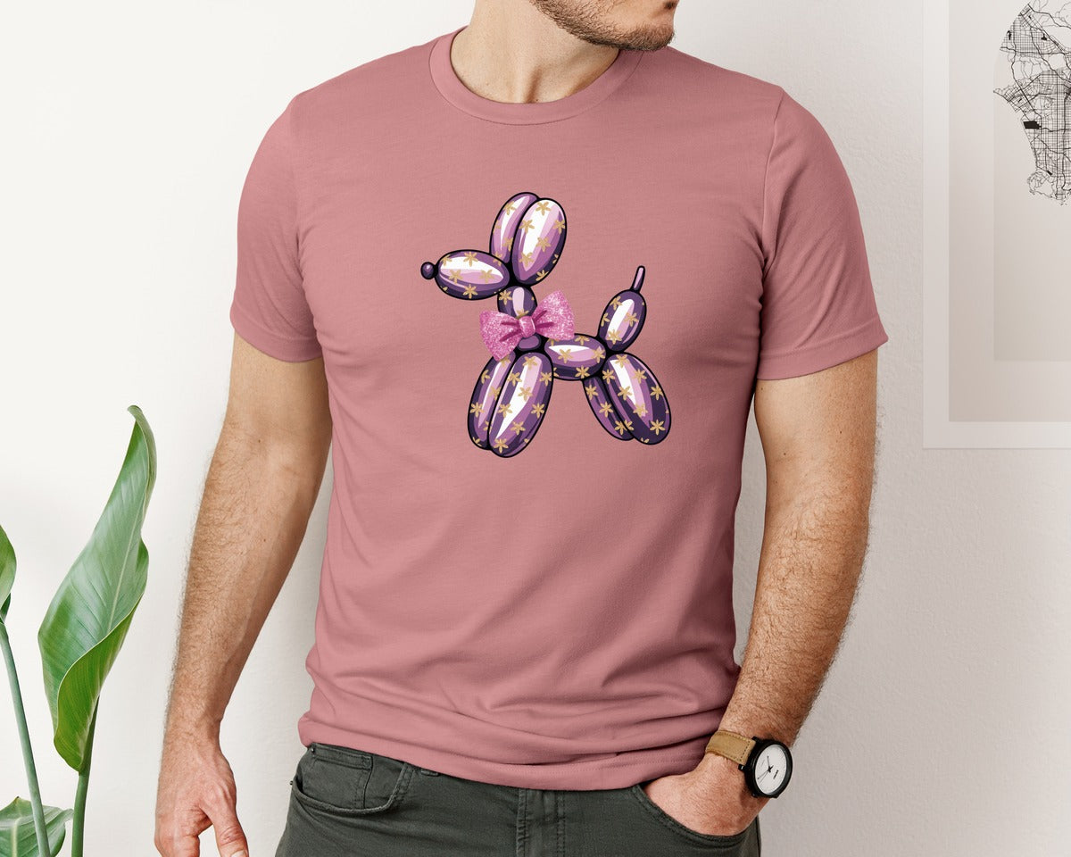 brand:Bella Canvas|color:Heather Mauve|Floral Balloon Dog Coquette Bow Graphic T-Shirt