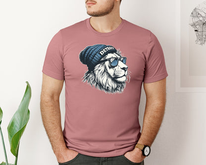 brand:Bella Canvas|color:Heather Mauve|Detroit Lions Wearing Beanie Shirt Graphic T-Shirt