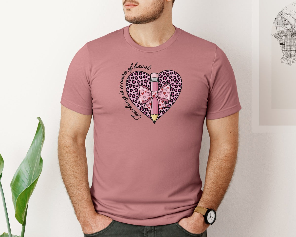 brand:Bella Canvas|color:Heather Mauve|Leopard Heart Teacher Valentine Graphic T-Shirt