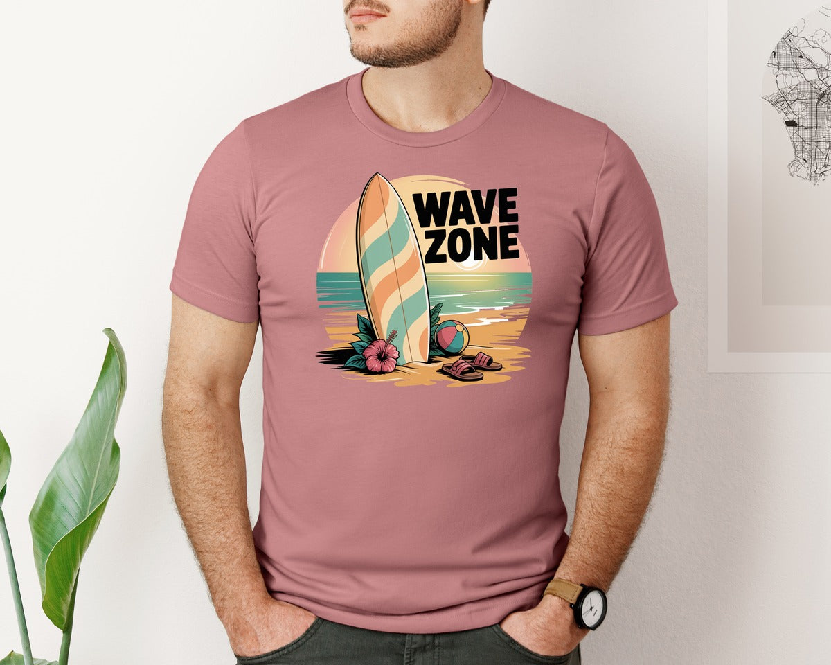 brand:Bella Canvas|color:Heather Mauve|Wave Zone Surfboard Beach Graphic T-Shirt