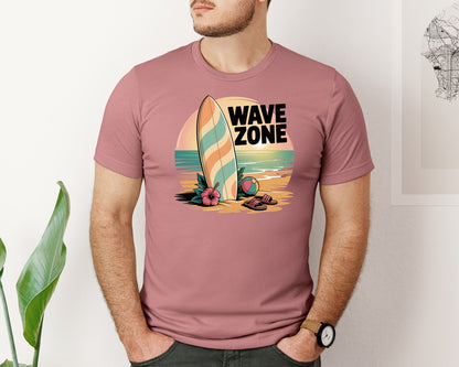 brand:Bella Canvas|color:Heather Mauve|Wave Zone Surfboard Beach Graphic T-Shirt