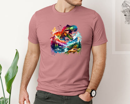 brand:Bella Canvas|color:Heather Mauve|Colorful T Rex Dinosaur Mountains Graphic T-Shirt