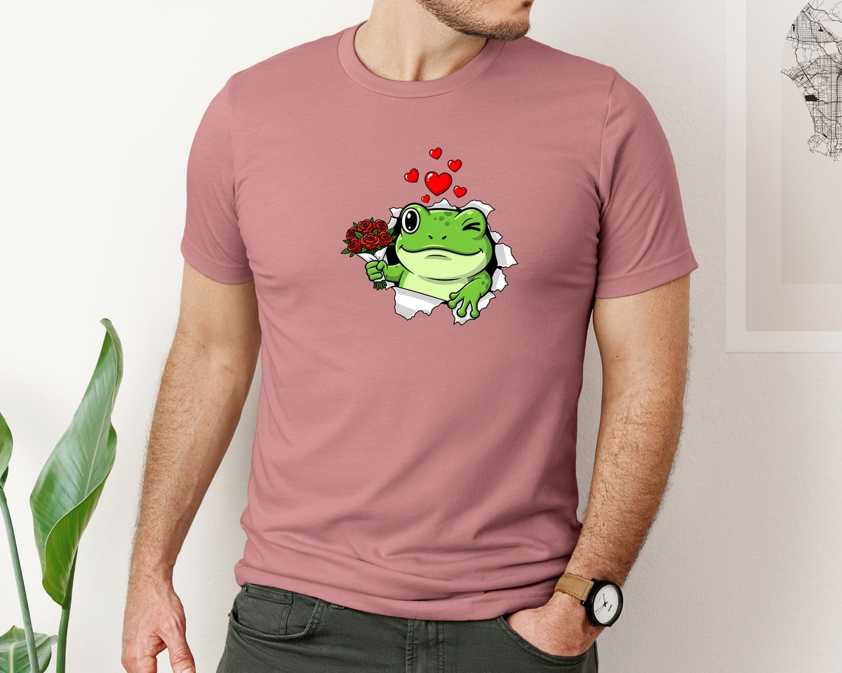 brand:Bella Canvas|color:Heather Mauve|Funny Frog Valentine Love Graphic T-Shirt