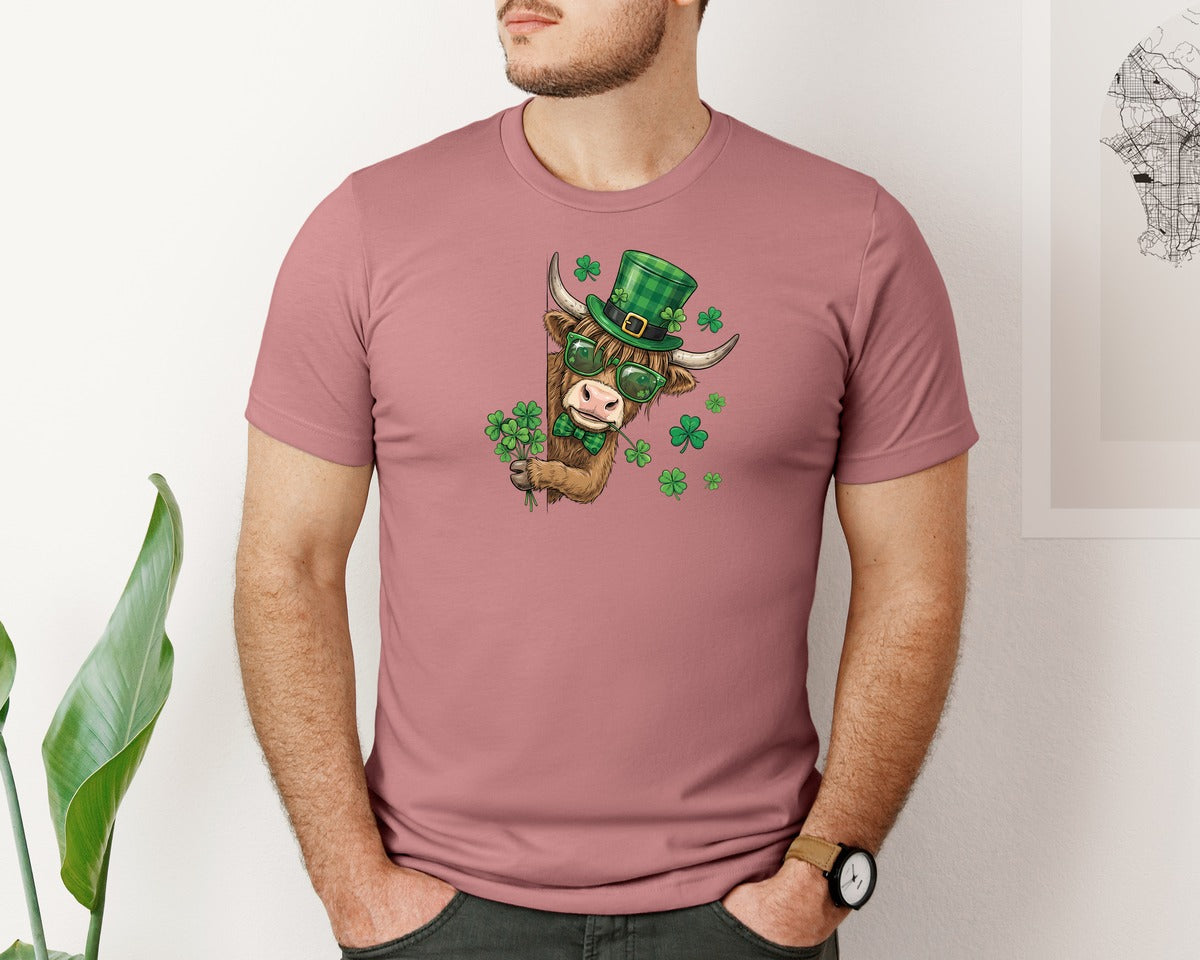 brand:Bella Canvas|color:Heather Mauve|Funny St Patricks Day Highland Cow 3 Graphic T-Shirt