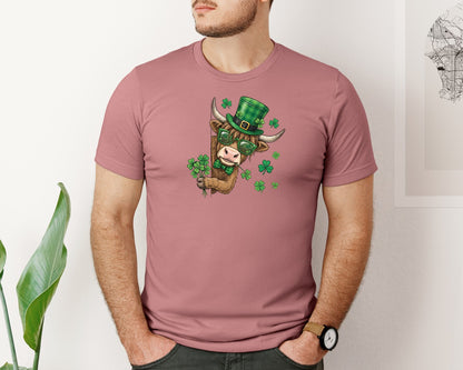 brand:Bella Canvas|color:Heather Mauve|Funny St Patricks Day Highland Cow 3 Graphic T-Shirt