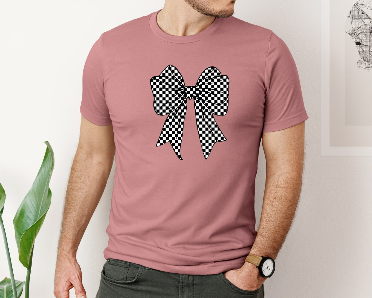 brand:Bella Canvas|color:Heather Mauve|Retro Checkered Coquette Bow Graphic T-Shirt