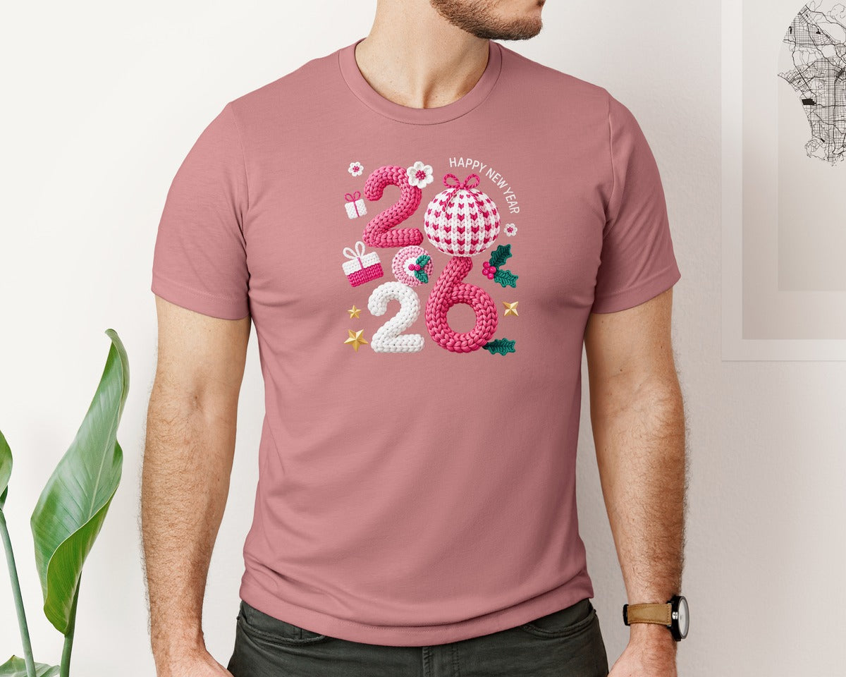 brand:Bella Canvas|color:Heather Mauve|Happy New Year 2026 Pngcrochet Yarn 3 Graphic T-Shirt
