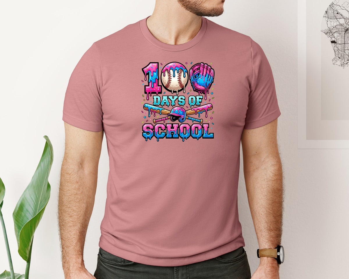 brand:Bella Canvas|color:Heather Mauve|100 Days Of School Drip Baseball Graphic T-Shirt
