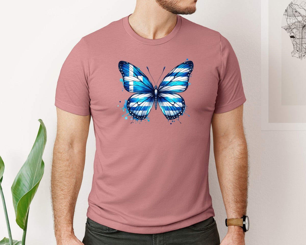 brand:Bella Canvas|color:Heather Mauve|Greek Flag Greece Butterfly Graphic T-Shirt