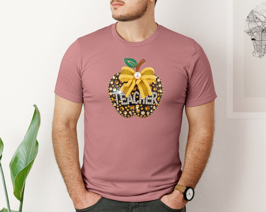 Rhinestone Apple Diamond Teacher School Graphic T-Shirt