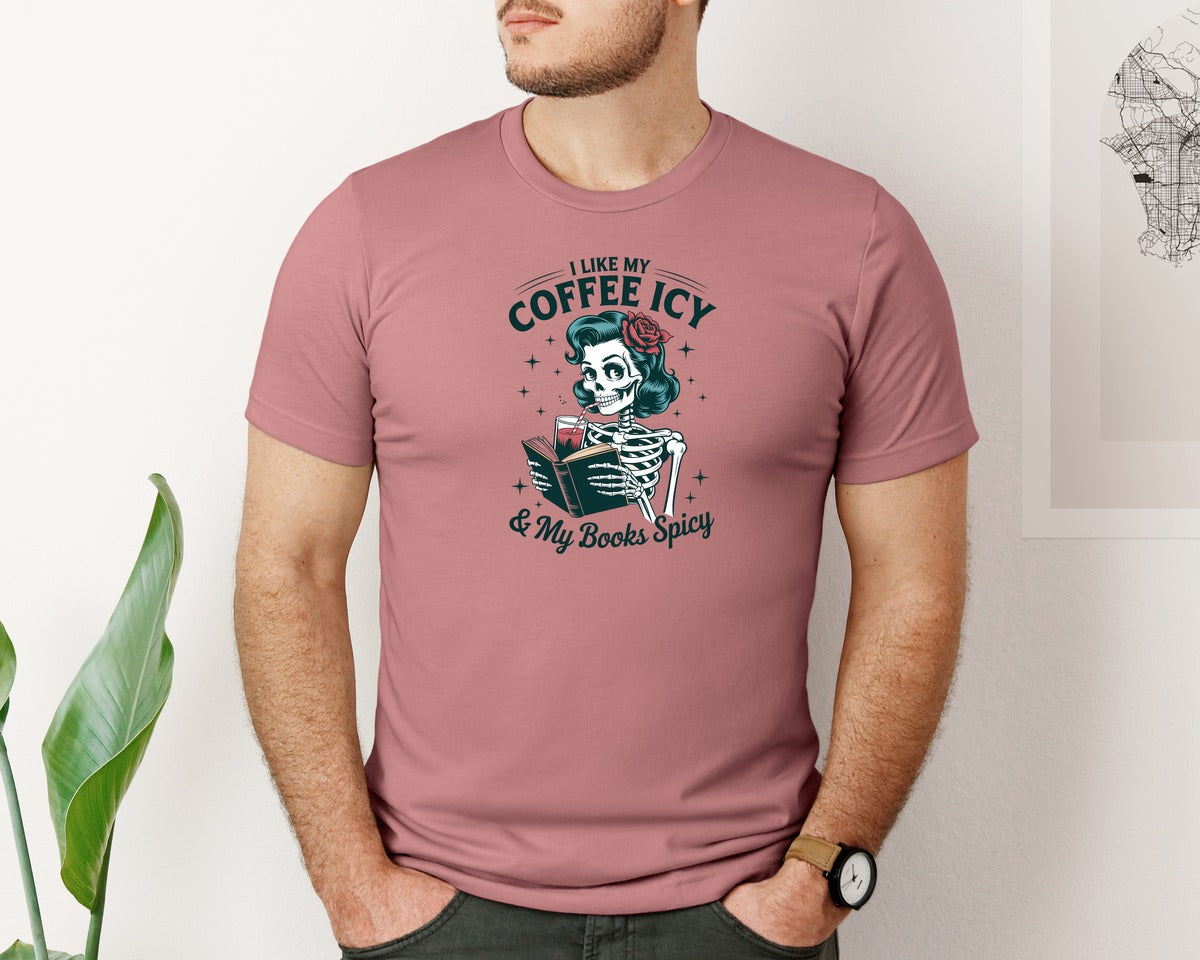 brand:Bella Canvas|color:Heather Mauve|I Like My Coffee Icy Book Lover Graphic T-Shirt